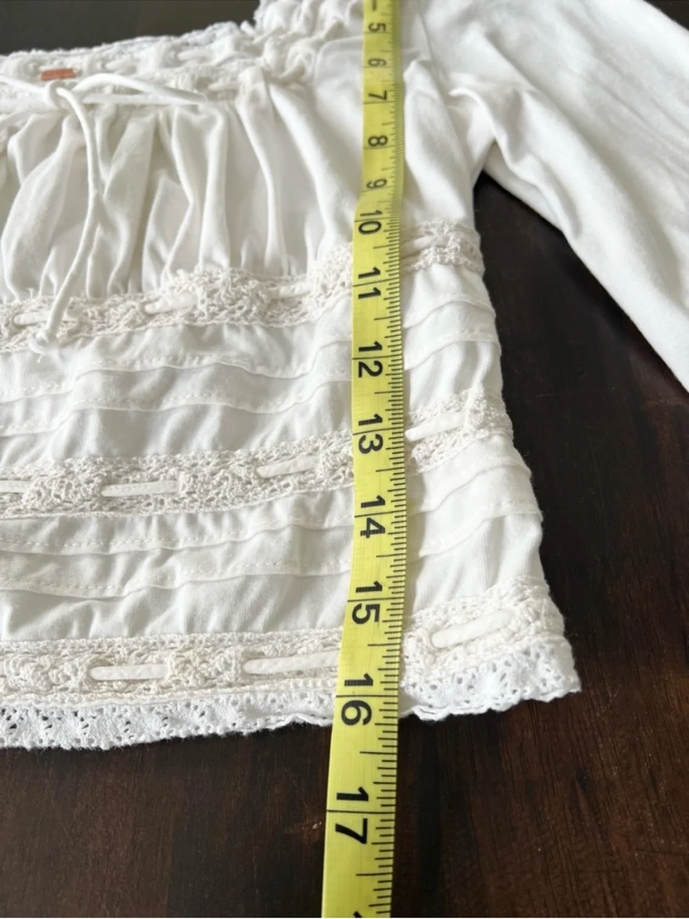 Free People Lace Trim Long Sleeve Crop Top White Square Neck Boho Size Small